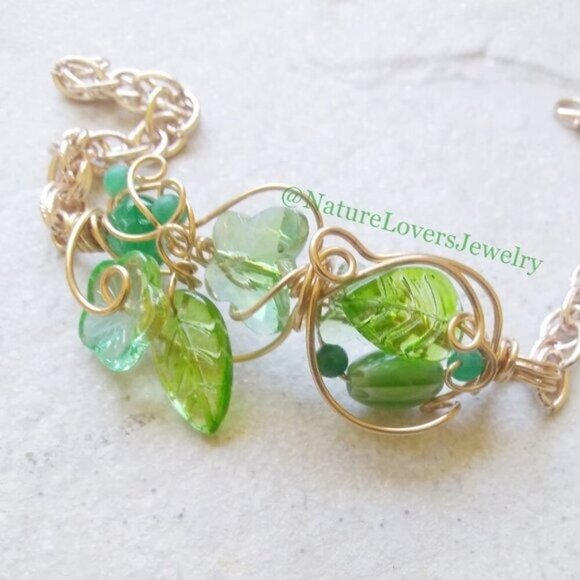 Whimsical Spring Bracelet - Green Leaves Butterflies Flowers! Uniquely Handmade - Picture 10 of 11